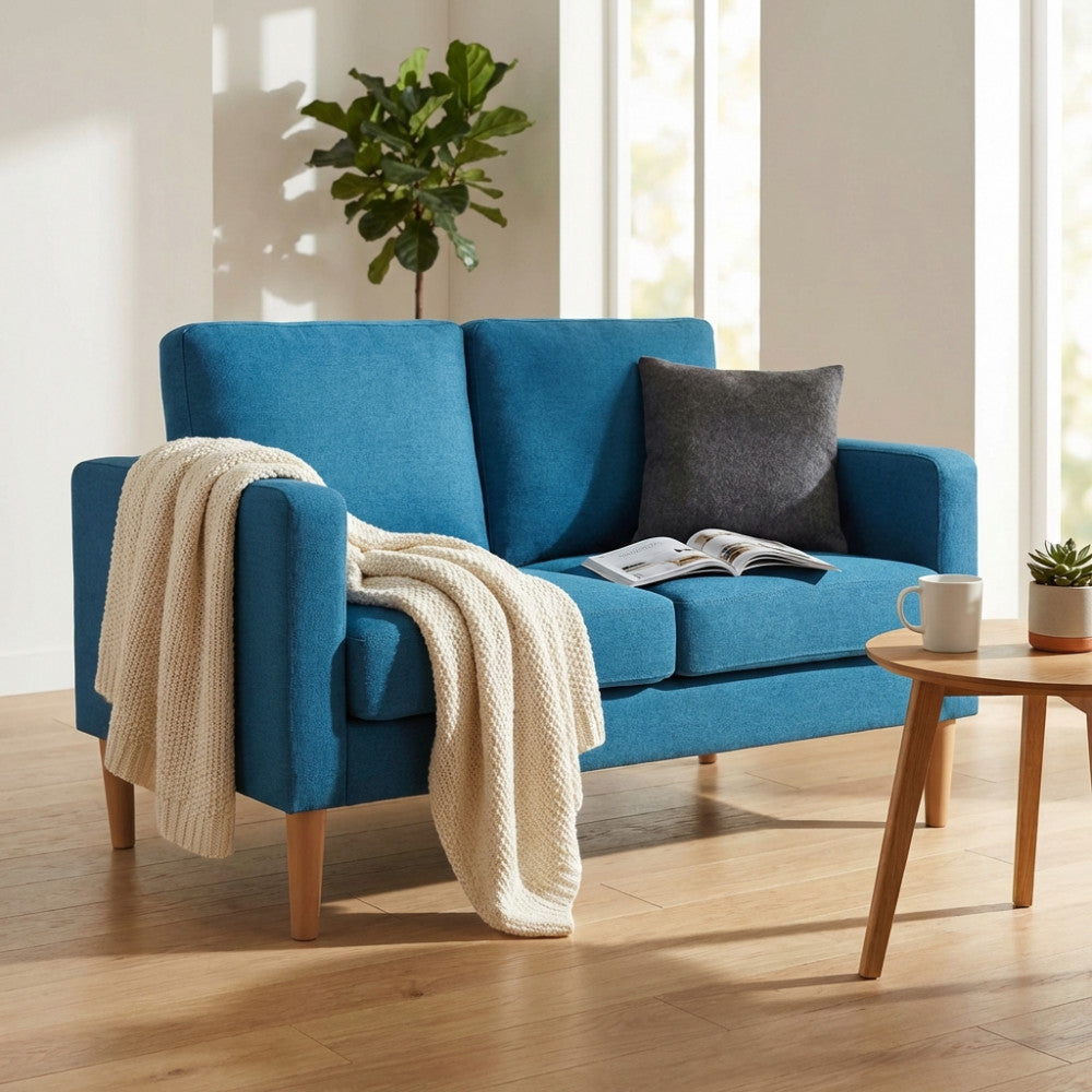RAMSEY 2-SEATER SOFA. LIGHT GREY or DARK GREY or BLUE or BEIGE sofa with polypropylene legs. Dimensions: 137 x 73 x 82 h cm.