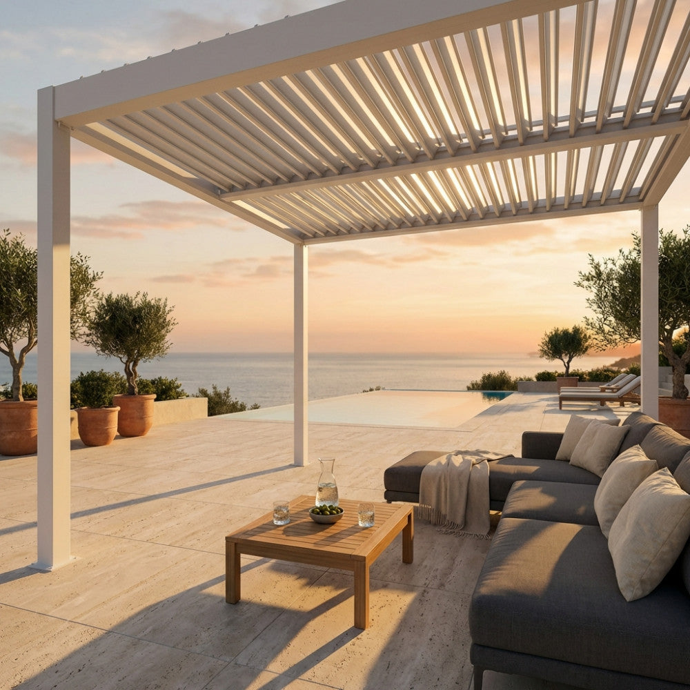 PERGOLA BIOCLIMATICA 3 X 4. Struttura in alluminio bianco o grigio scuro o marrone effetto legno frangisole orientabili a movimentazione manuale copertura a lamelle resistente a tutte le intemperie Dimensioni: m 3 x 4 x 2,5 h. Arredo Giardino