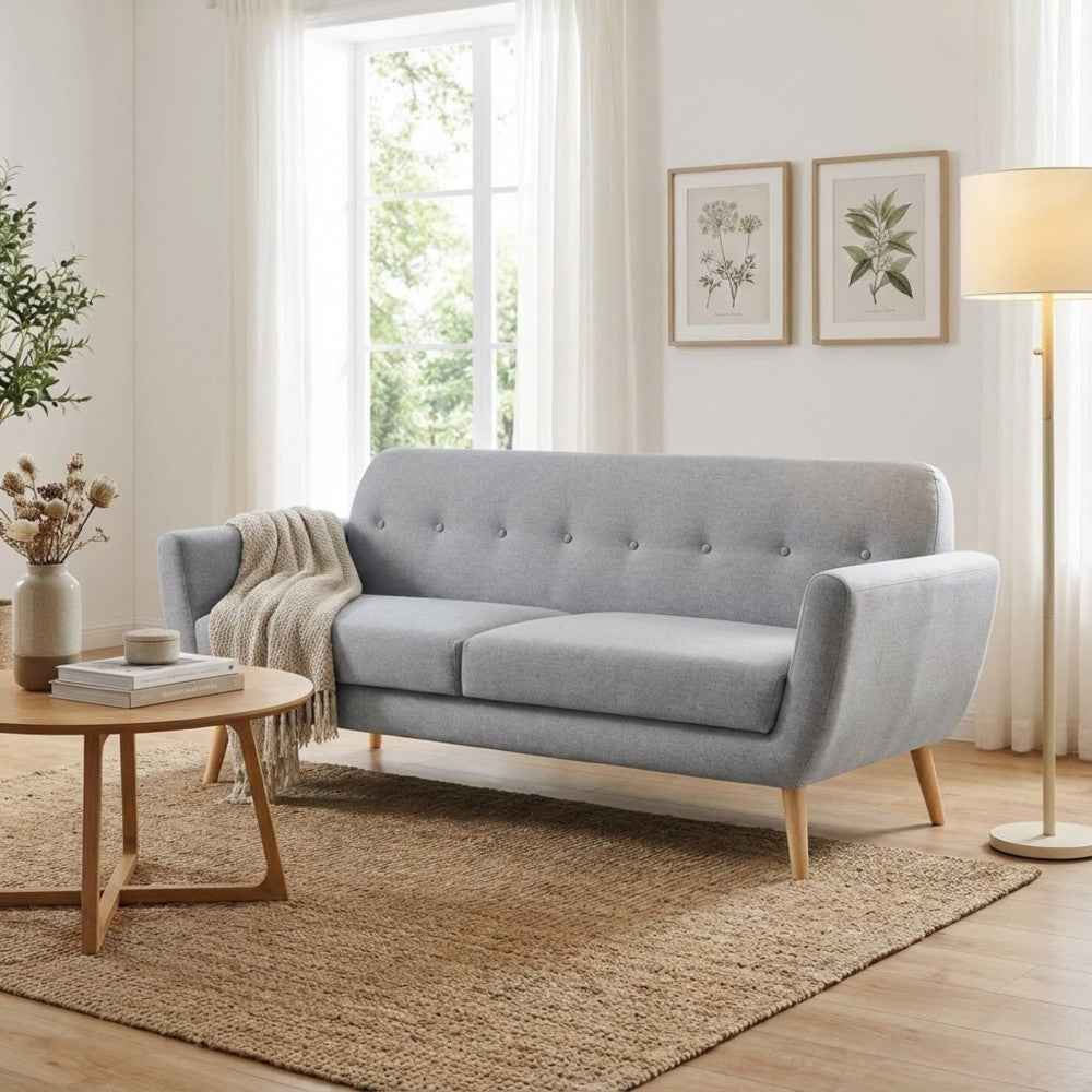 BURTON 3-SEATER SOFA. LIGHT GREY, DARK GREY, or BLUE sofa with buttons and polypropylene legs. Dimensions: 193 x 79 x 86 cm.