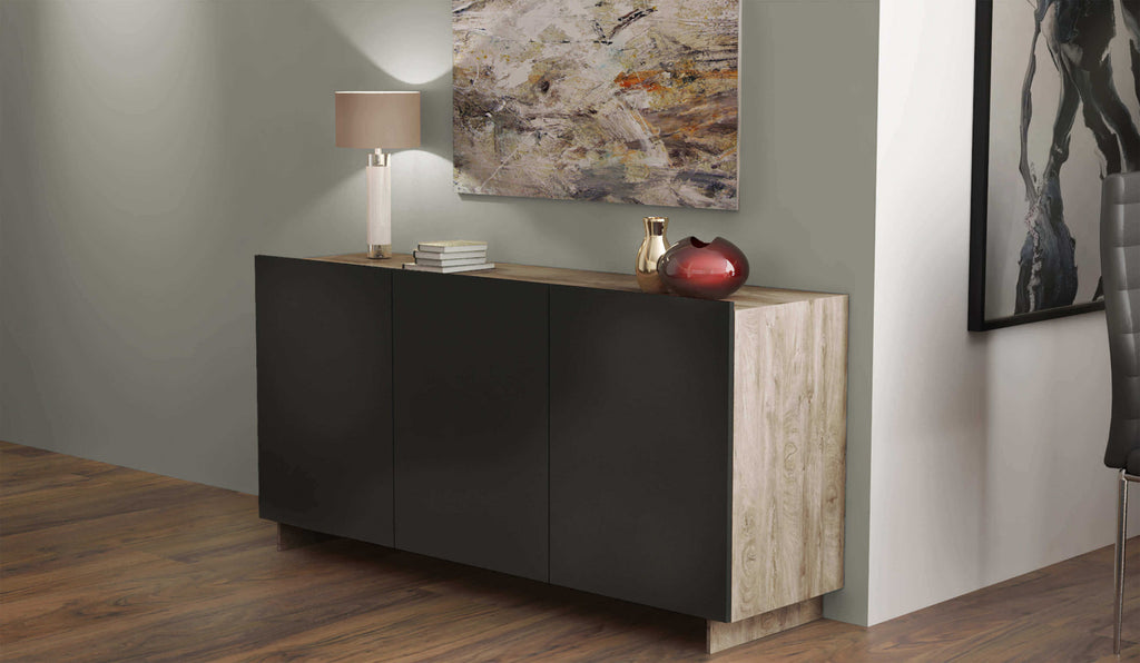 CREDENZA CARLILE ANTRACITE E ROVERE CHIARO. Credenza in legno ANTRACITE e ROVERE CHIARO Dimensioni: cm 150 x 40 x 76 h.