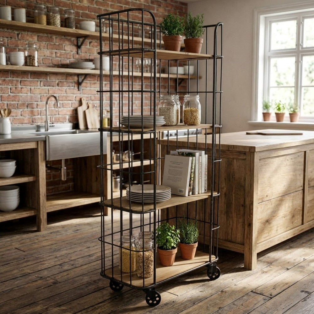 MOBILE AMYAS. Mobile in ferro e legno con 4 ripiani Dimensioni: cm 77 x 39,5 x 168 h.
