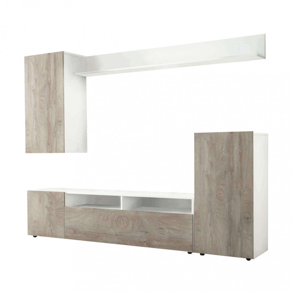PARETE SOGGIORNO BRIDGE BIANCO E ROVERE CHIARO. Parete in legno BIANCO e ROVERE CHIARO Dimensioni: cm 207 x 34 x 170 h.