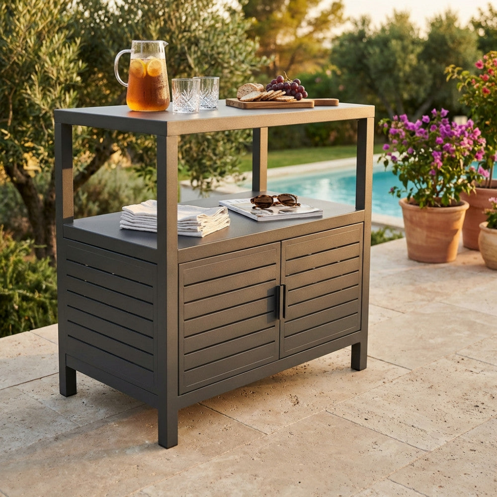 PHOENIX CABINET. Structure in WHITE or ANTHRACITE painted aluminum. Dimensions: 90 x 55 x 90 h cm.