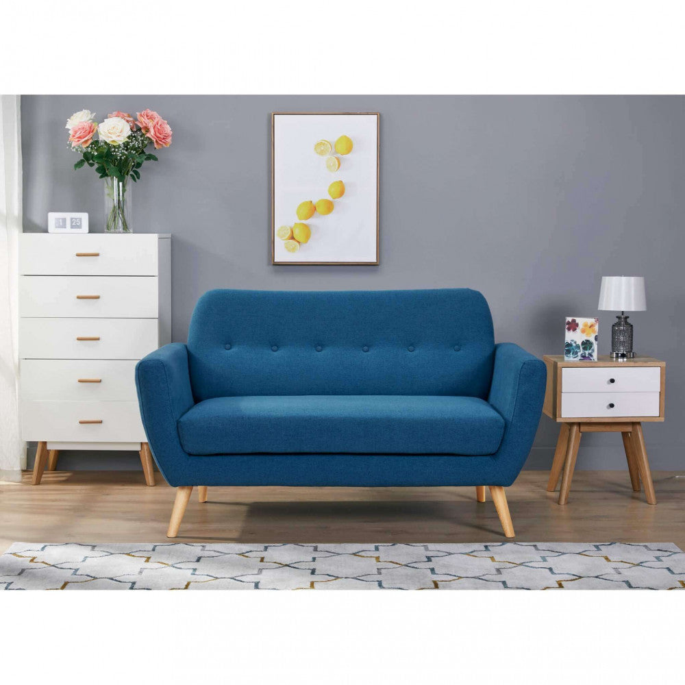 BURTON 2-SEATER SOFA. LIGHT GREY, DARK GREY or BLUE sofa with buttons and polypropylene legs. Dimensions: 147 x 79 x 86 h cm.