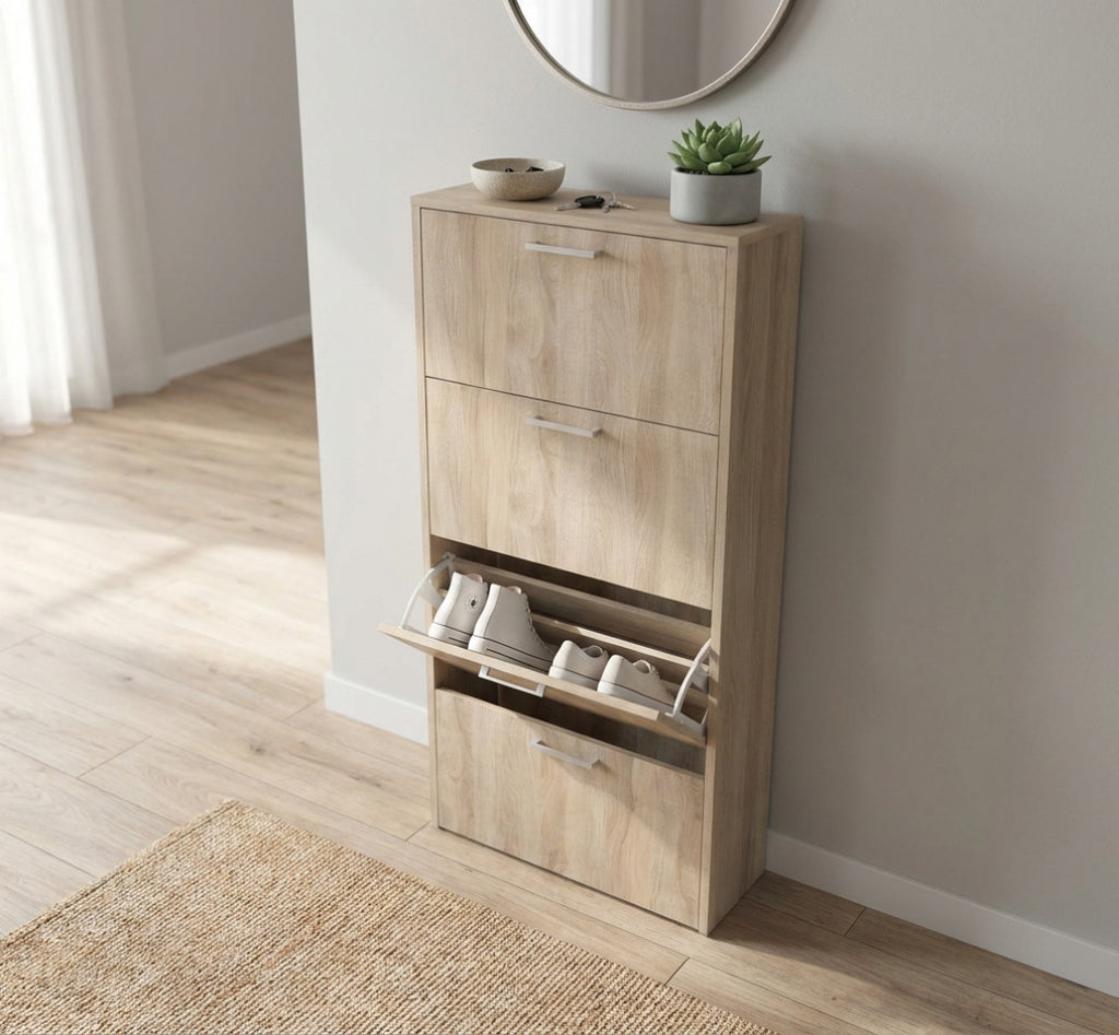MOLLY SHOE RACK WITH 4 FLAP-DOORS IN LIGHT ELM. Shoe rack in LIGHT ELM wood, 16 mm thick. Dimensions: 59 x 25 x 140 cm.
