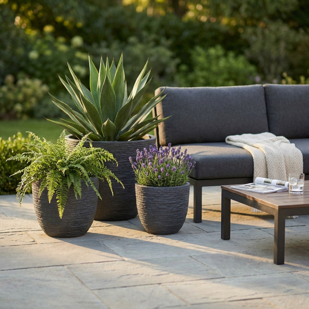 CYCLAMEN POT SET. Set of 3 synthetic fiber pots in LIGHT GREY, DARK GREY, or BEIGE. Dimensions: W. 44x44x39/M. 35x35x30.5/D. 27.5x27.5x24.5. Garden Furniture