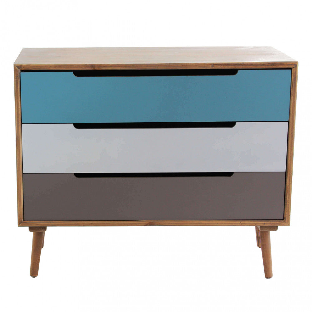 MOBILE BRISBANE. Struttura in MDF, gambe in legno di pino, top colore MARRONE 3 cassetti colorati Dimensioni: cm 80 x 35,5 x 66,5 h.