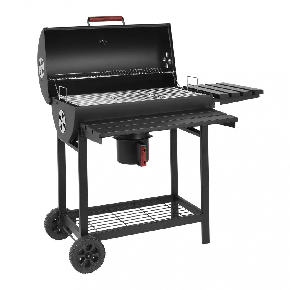 BARBECUE A CARBONELLA TENNESSEE. Struttura in acciaio verniciato NERO con 2 griglie con coperchio e termometro Dimensioni: cm 113 x 70 x 97,5 cm.