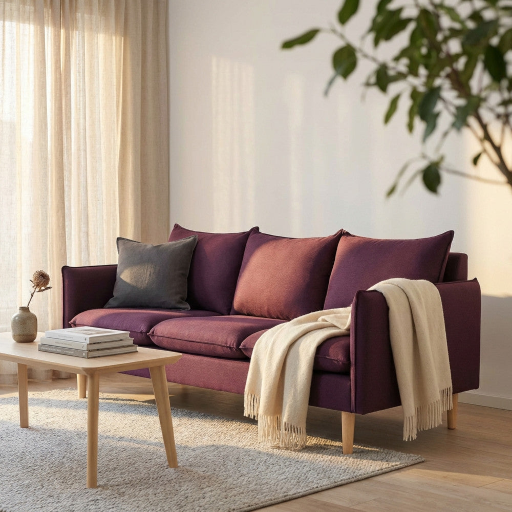 DIVANO 3 POSTI FLORIN. Divano BEIGE, BLU, GRIGIO SCURO, VIOLA o CIANO con gambe in legno Dimensioni: cm 188 x 84 x 51 h.