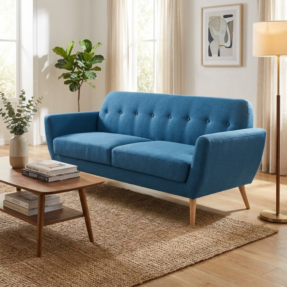 BURTON 3-SEATER SOFA. LIGHT GREY, DARK GREY, or BLUE sofa with buttons and polypropylene legs. Dimensions: 193 x 79 x 86 cm.