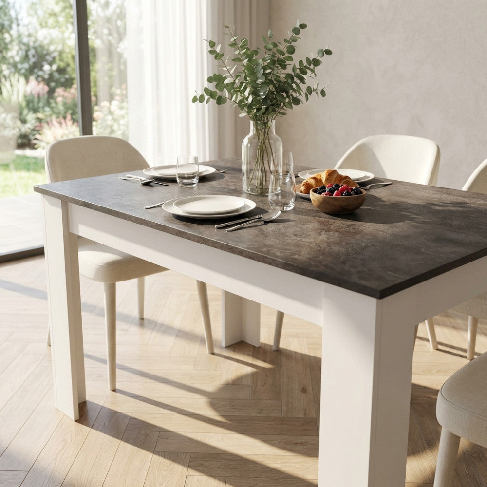 PEPPER TABLE, WHITE AND DARK GREY, CONCRETE EFFECT. Wooden sideboard, WHITE AND DARK GREY, CONCRETE EFFECT. Dimensions: 138 x 80 x 75 cm. Garden furniture.