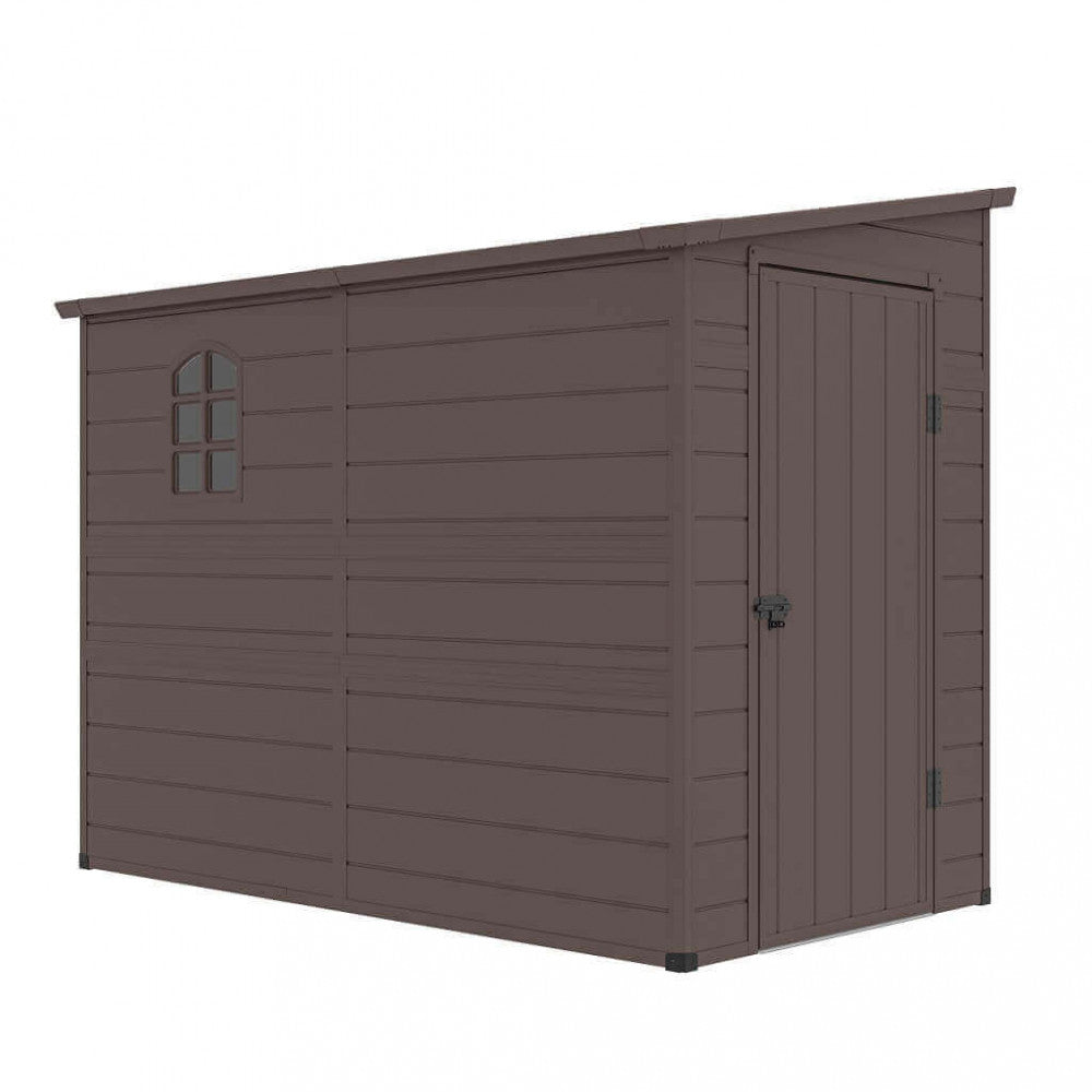 CASETTA HAUSE 143 X 247 X 194. Casetta in plastica con finestra MARRONE o GRIGIO CHIARO Dimensioni: cm 143 x 247 x 194 h. Arredo Giardino