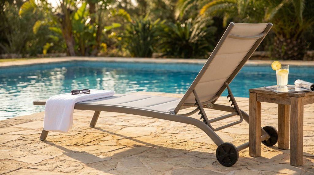 ITACA STACKABLE LOUNGER. Frame in painted aluminum in WHITE, DOVE GREY, TAUPE, ANTHRACITE, RED, or LIGHT BLUE. Padded Textilene. Dimensions: 194 x 71 x 83 cm. Garden Furniture.