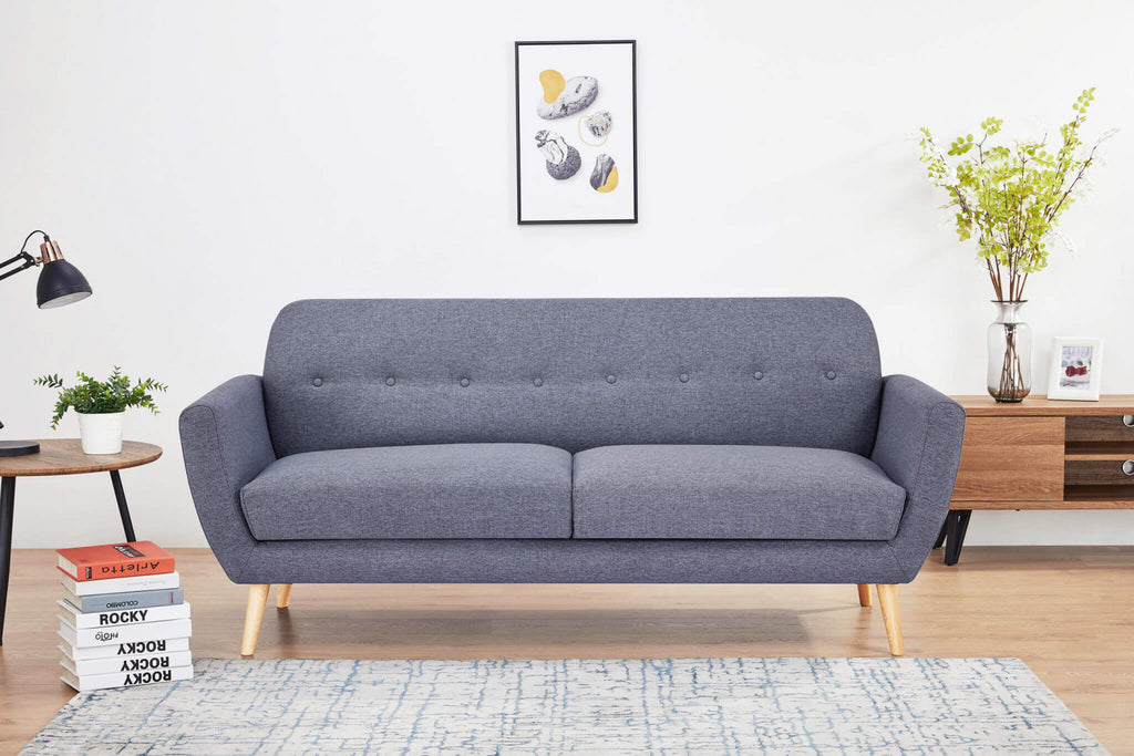BURTON 3-SEATER SOFA. LIGHT GREY, DARK GREY, or BLUE sofa with buttons and polypropylene legs. Dimensions: 193 x 79 x 86 cm.