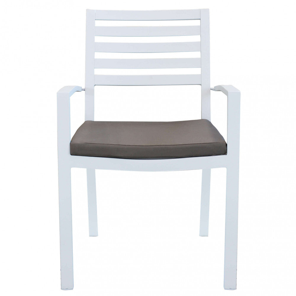 FORMENTERA ARMCHAIR WITH CUSHION. Frame and seat in WHITE, DOVE GREY, TAUPE, or ANTHRACITE aluminum with TAUPE cushion. Dimensions: 46 x 62 x 84 cm. Garden Furniture