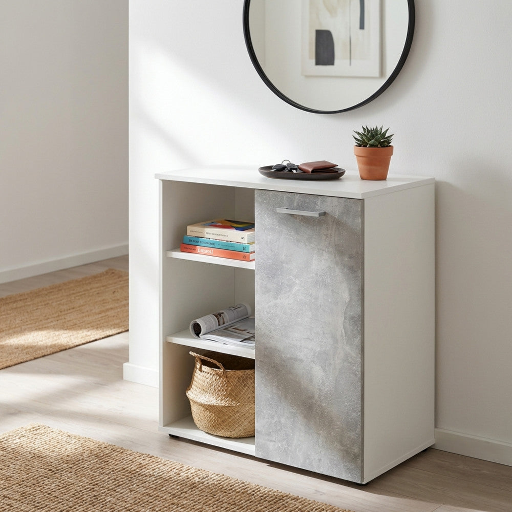 MOBILETTO 1 ANTA E 3 MENSOLE MARK BIANCO E CEMENTO CHIARO. Dimensioni: cm 68 x 35 x 87 h.