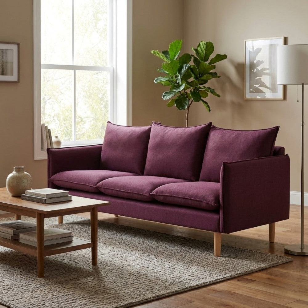 DIVANO 3 POSTI FLORIN. Divano BEIGE, BLU, GRIGIO SCURO, VIOLA o CIANO con gambe in legno Dimensioni: cm 188 x 84 x 51 h.
