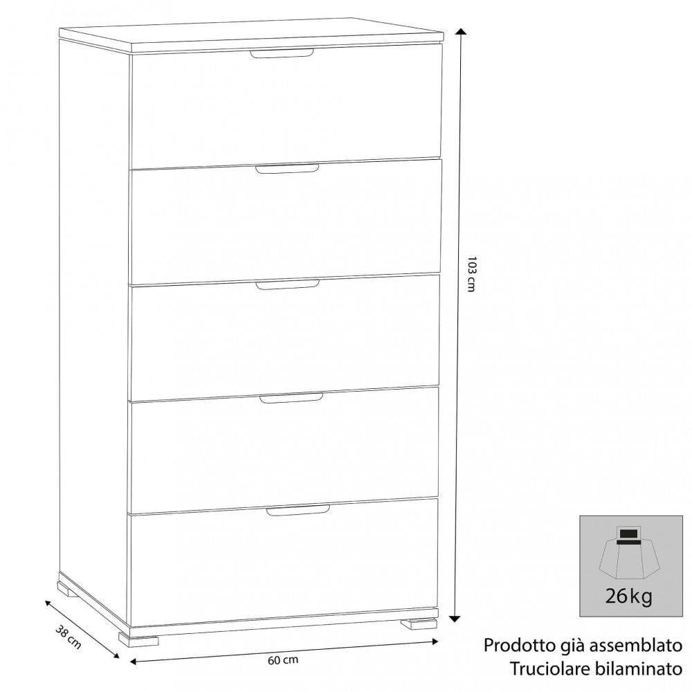 CASSETTIERA MEXY 5 CASSETTI NATURALE. Dimensioni: cm 60 x 38 x 103 h.