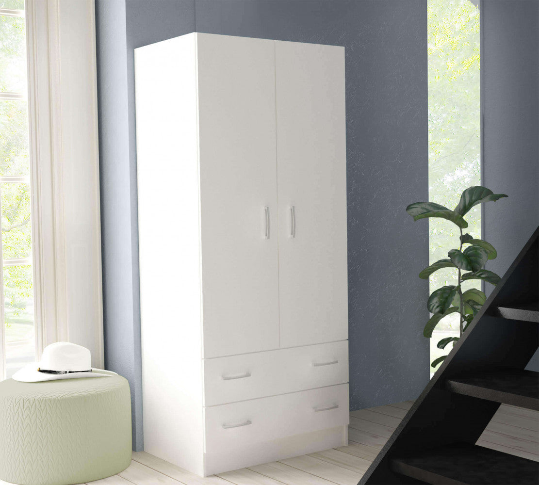 ARMADIO 2 ANTE E DUE CASSETTI POP BIANCO. Armadio in legno BIANCO Dimensioni: cm 80 x 52 x 180 h.