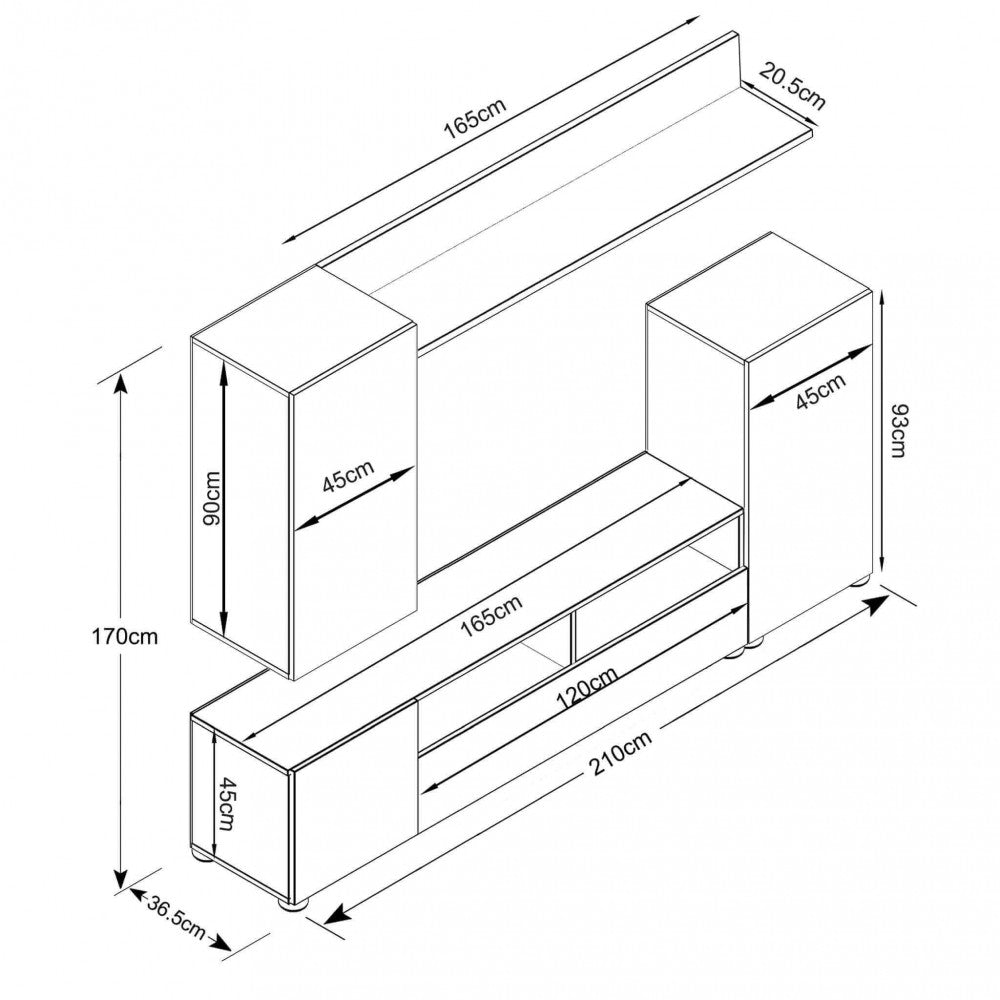 PARETE SOGGIORNO BRIDGE BIANCO E ROVERE CHIARO. Parete in legno BIANCO e ROVERE CHIARO Dimensioni: cm 207 x 34 x 170 h.