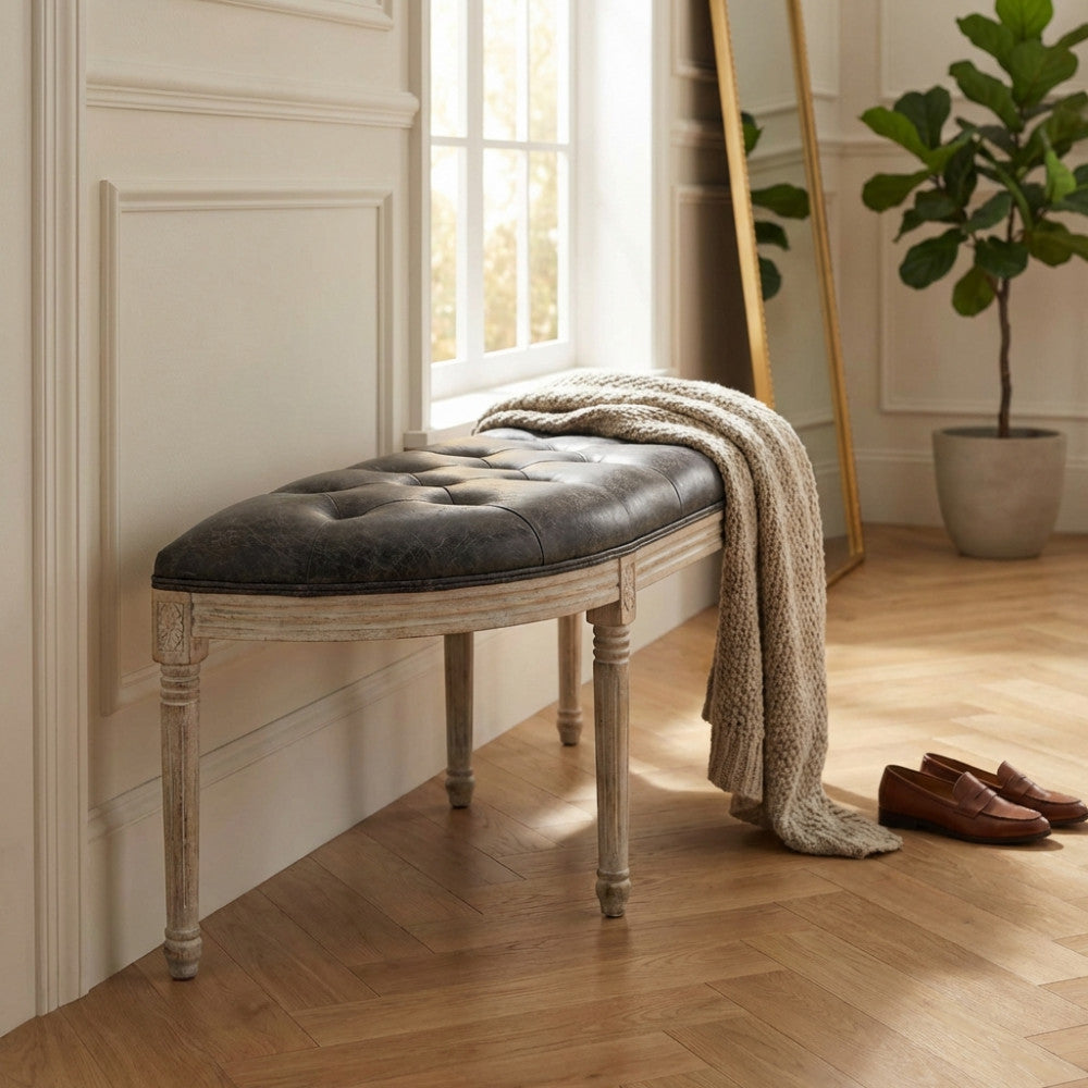 MARGI BENCH IN VINTAGE GREY FAUX LEATHER. Dimensions: 125 x 45 x 48 h cm.