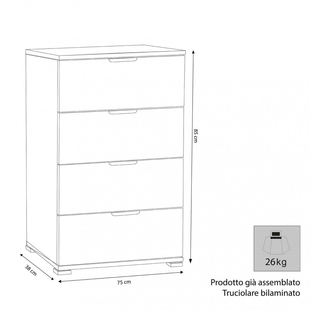 MOBILETTO YUKON 4 CASSETTI BIANCA. Dimensioni: cm 75 x 38 x 85 h.
