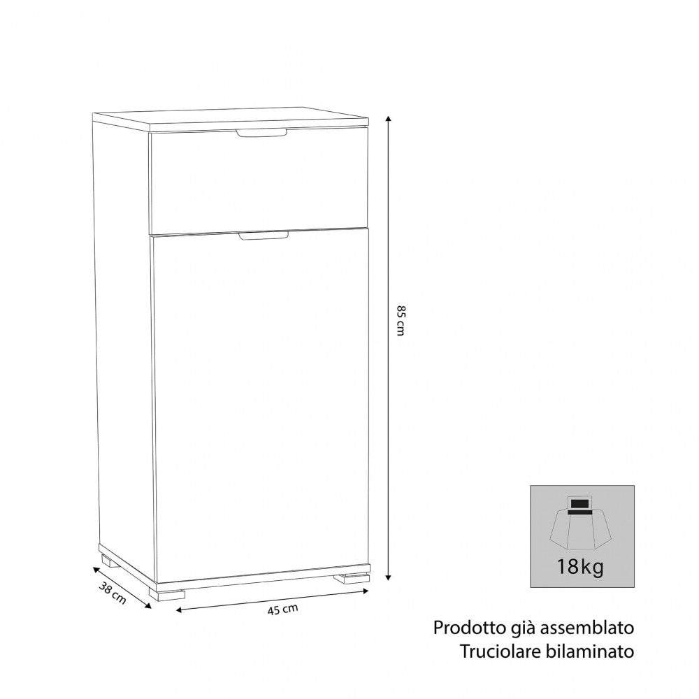MOBILETTO LENA CON 1 ANTA E 1 CASSETTO ROVERE GRIGIO. Dimensioni: cm 45 x 38 x 85 h.