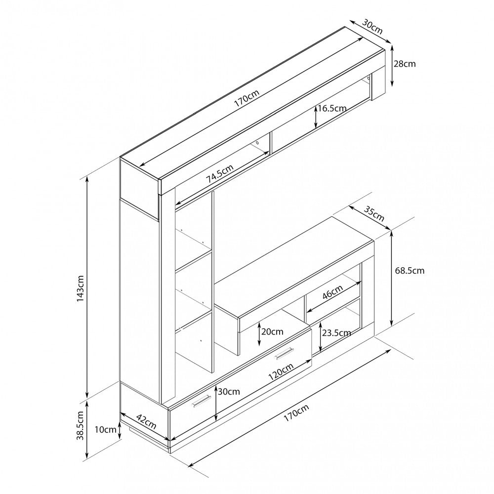 LEONARD LIVING ROOM WALL UNIT, LIGHT PINE AND GREY. Dimensions: 170 x 42 x 170 cm h.