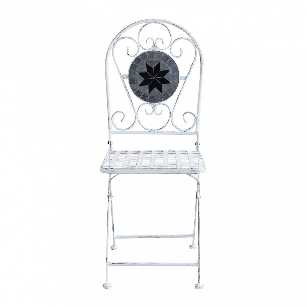 SET/3 BISTRO' ALISON BIANCO ANTICO. Struttura in metallo verniciato a polvere e marmo set composto da 1 tavolo e 2 sedie color bianco, trattamento elettroforesi Dimensioni: T. cm 60 x 72 h S. cm 36 x 35 x 91 h.