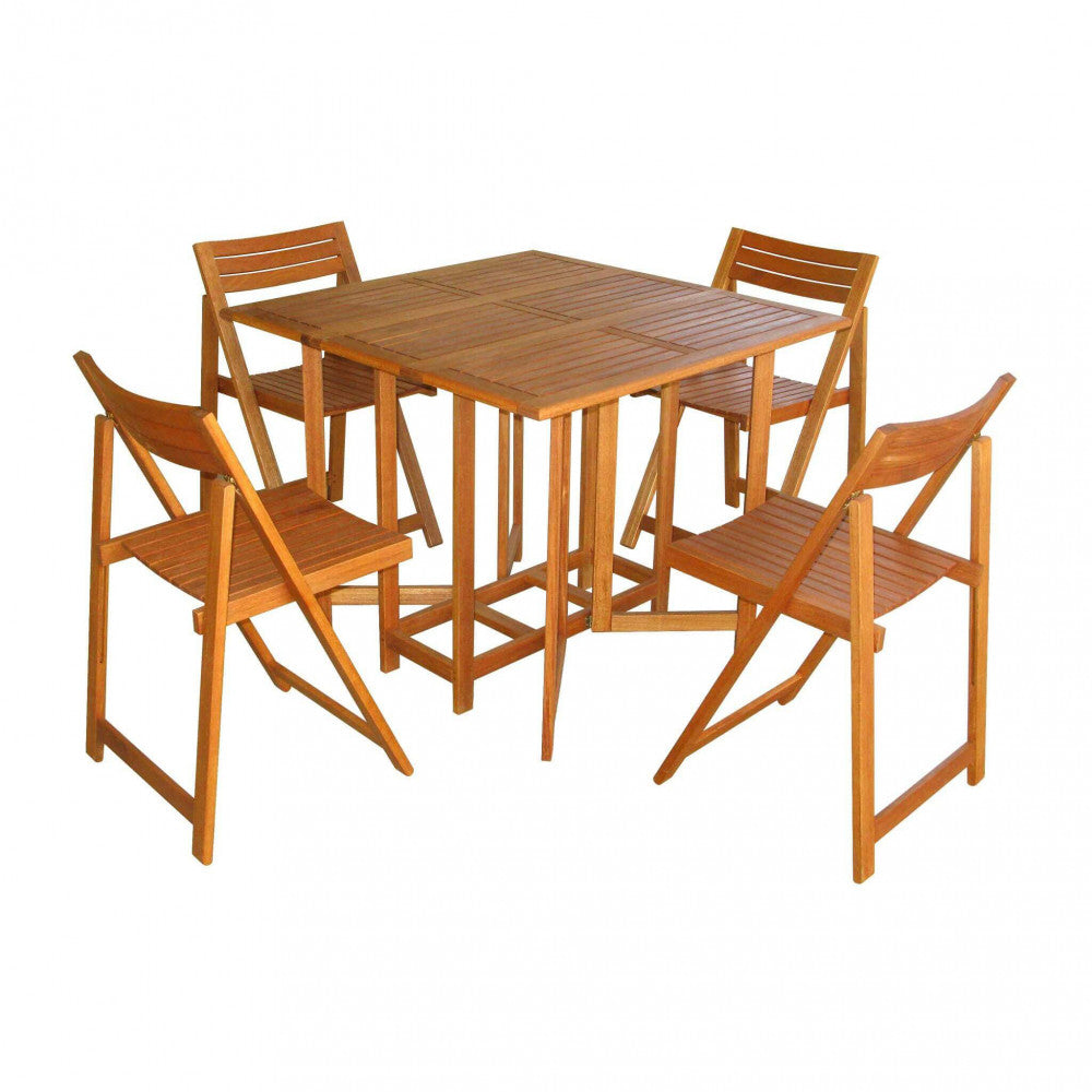TABLE + 4 CHAIRS SET. Solid acacia wood. Dimensions: T 90 x 90 x 74 h S 44 x 47 x 78 h. Garden furniture.