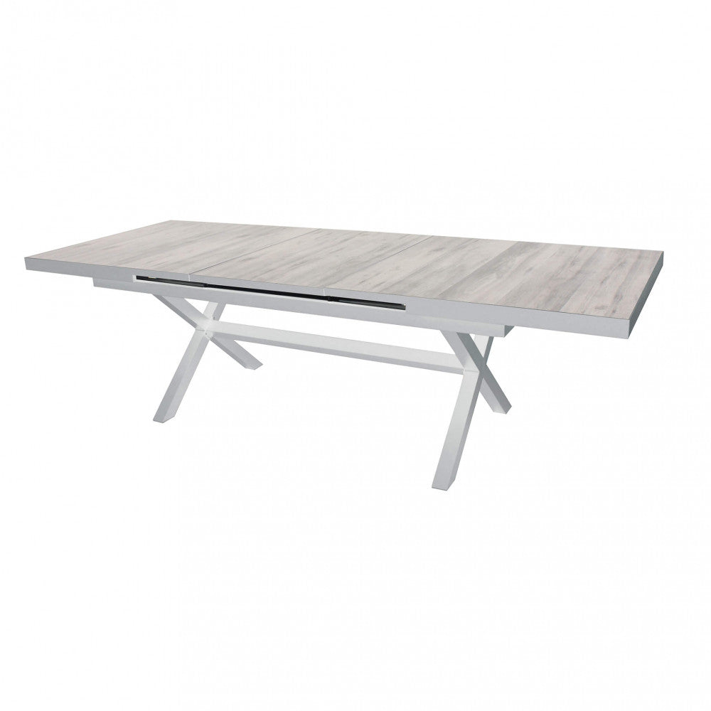 TAVOLO DJERBA 200/260 X 100. Struttura in allumino ANTRACITE o BIANCA piano del tavolo in ceramica effetto legno Dimensioni: cm 200/260 x 100 x 75 h. Arredo Giardino