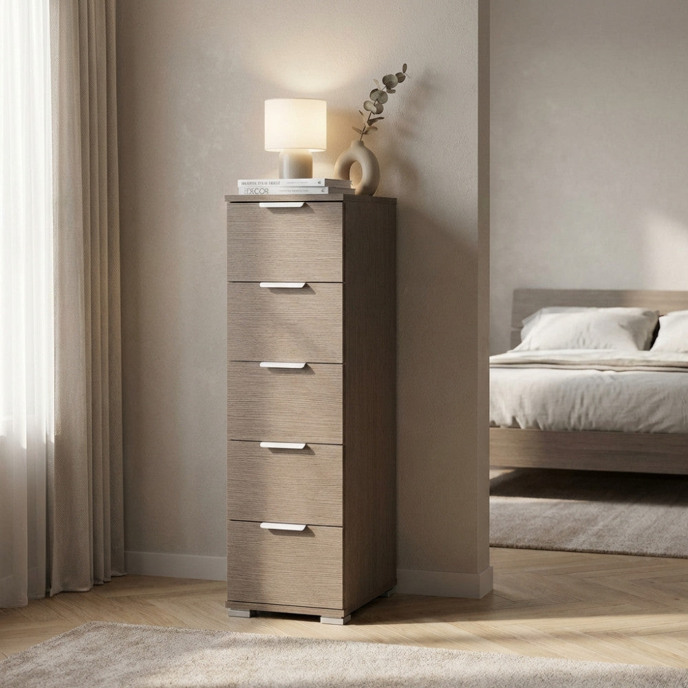 CASSETTIERA TAZZ 5 CASSETTI ROVERE GRIGIO. Dimensioni: cm 27 x 38 x 103 h.