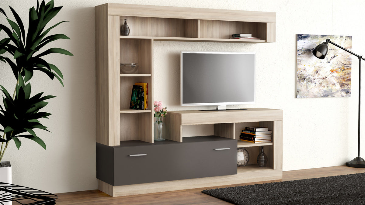 PARETE SOGGIORNO LEONARD OLMO E GRIGIO. Dimensioni: cm 170 x 42 x 170 h.