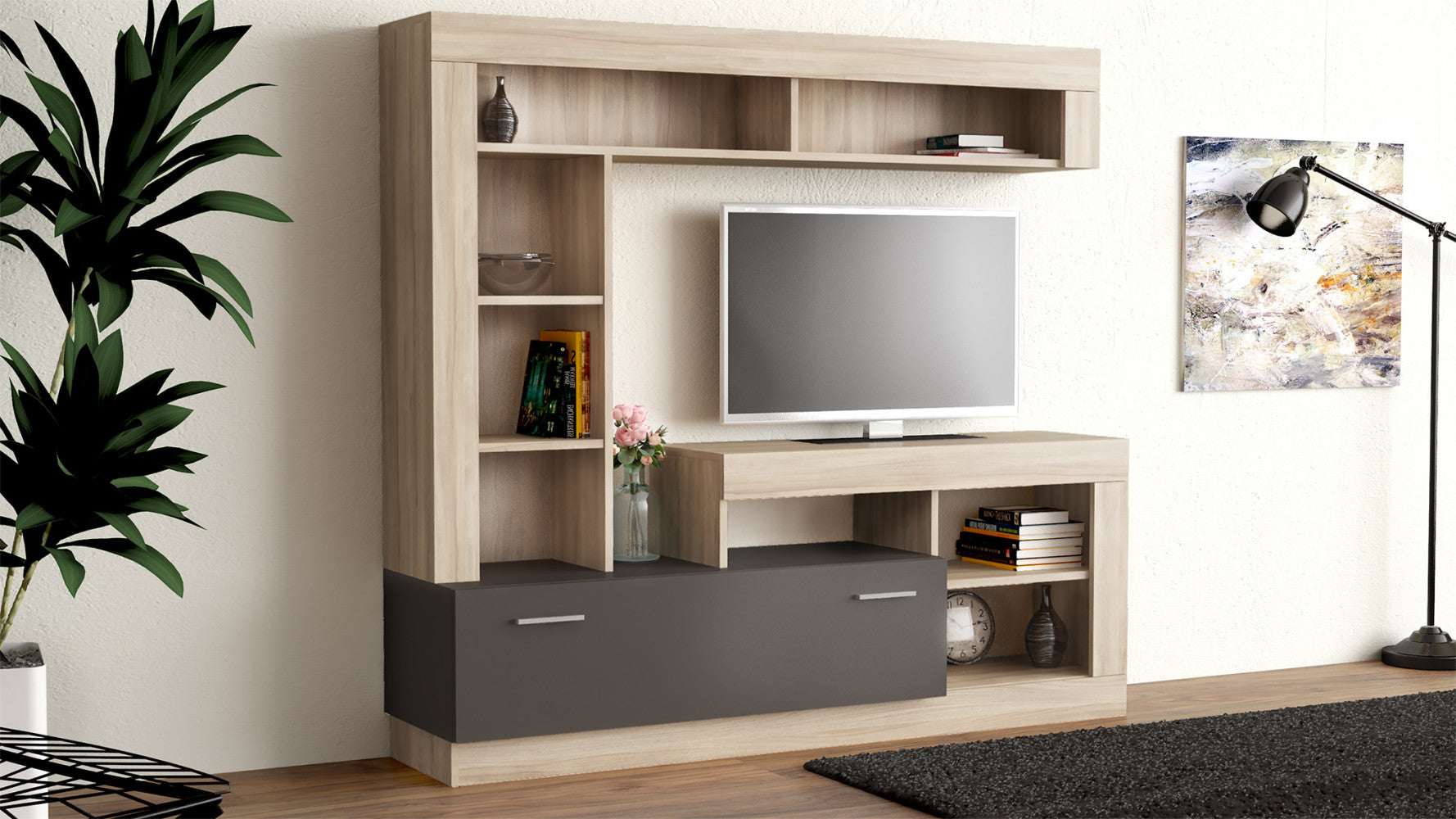 PARETE SOGGIORNO LEONARD OLMO E GRIGIO. Dimensioni: cm 170 x 42 x 170 h.