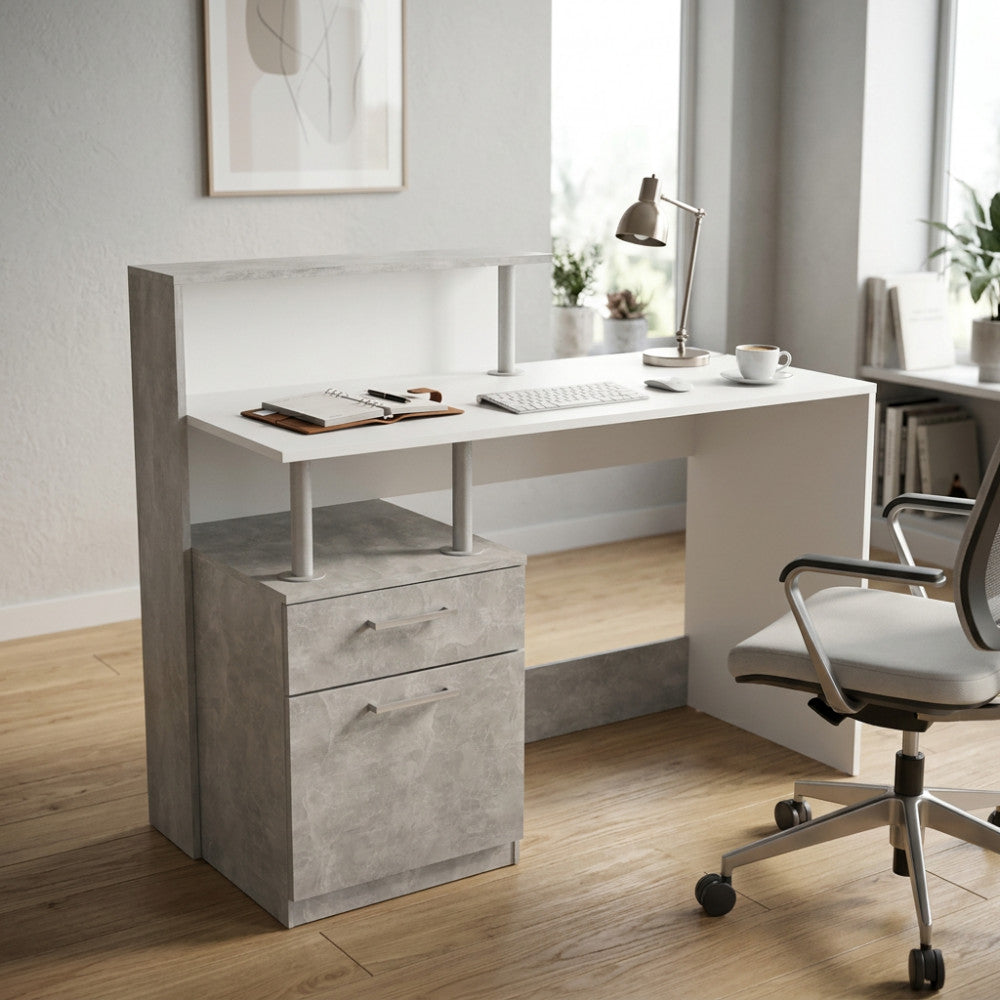 SCRIVANIA NASDAQ BIANCO E GRIGIO EFFETTO CEMENTO. Scrivania in legno BIANCO e GIRGIO EFFETTO CEMENTO Dimensioni: cm 120 x 55 x 75/91 h.