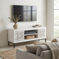 PORTA TV CLIFFORD. Porta tv con decoro sbiancato con 2 ante e 2 ripiani in legno di mango con struttura in ferro Dimensioni: cm 130 x 40 x 55 h.