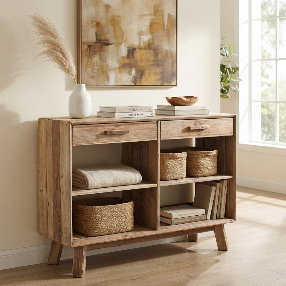 MOBILE DYLAN. Mobile con 2 cassetti e 4 ripiani in legno di pino riciclato Dimensioni: cm 117,8 x 40 x 85 h.
