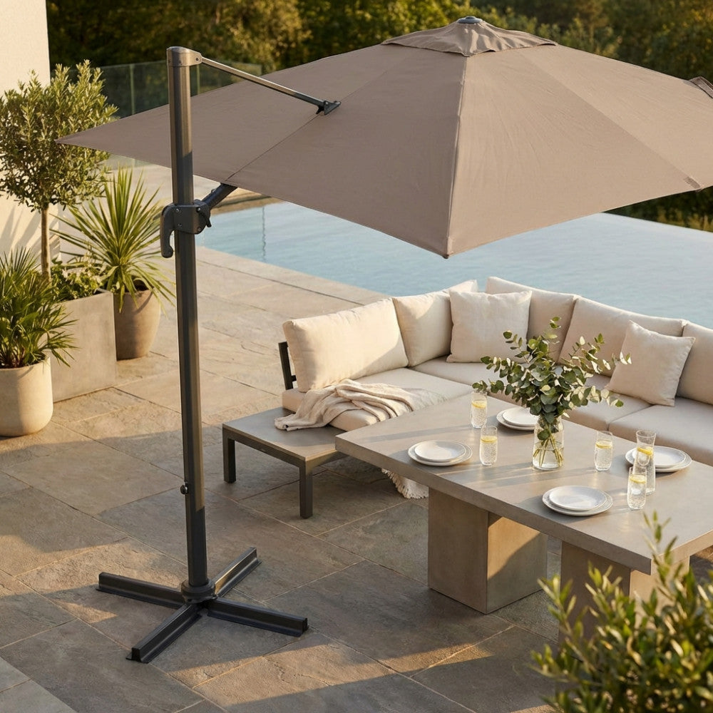 NETTUNO LUX BLACK UMBRELLA, 3 X 4, TAUPE CANVAS. 250 g TAUPE polyester canopy with windproof, 95 x 65 and 48 x 55 mm rotating aluminum pole, 8 17 x 25 mm aluminum ribs, cross-shaped base. Dimensions: 3 x 4 m. Garden Furniture