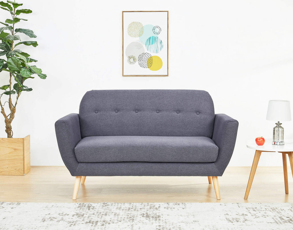 BURTON 2-SEATER SOFA. LIGHT GREY, DARK GREY or BLUE sofa with buttons and polypropylene legs. Dimensions: 147 x 79 x 86 h cm.