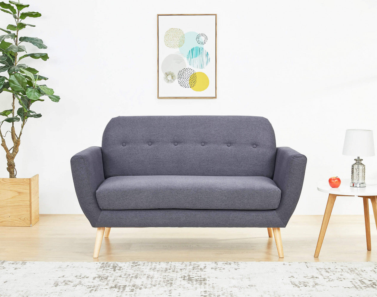 BURTON 2-SEATER SOFA. LIGHT GREY, DARK GREY or BLUE sofa with buttons and polypropylene legs. Dimensions: 147 x 79 x 86 h cm.