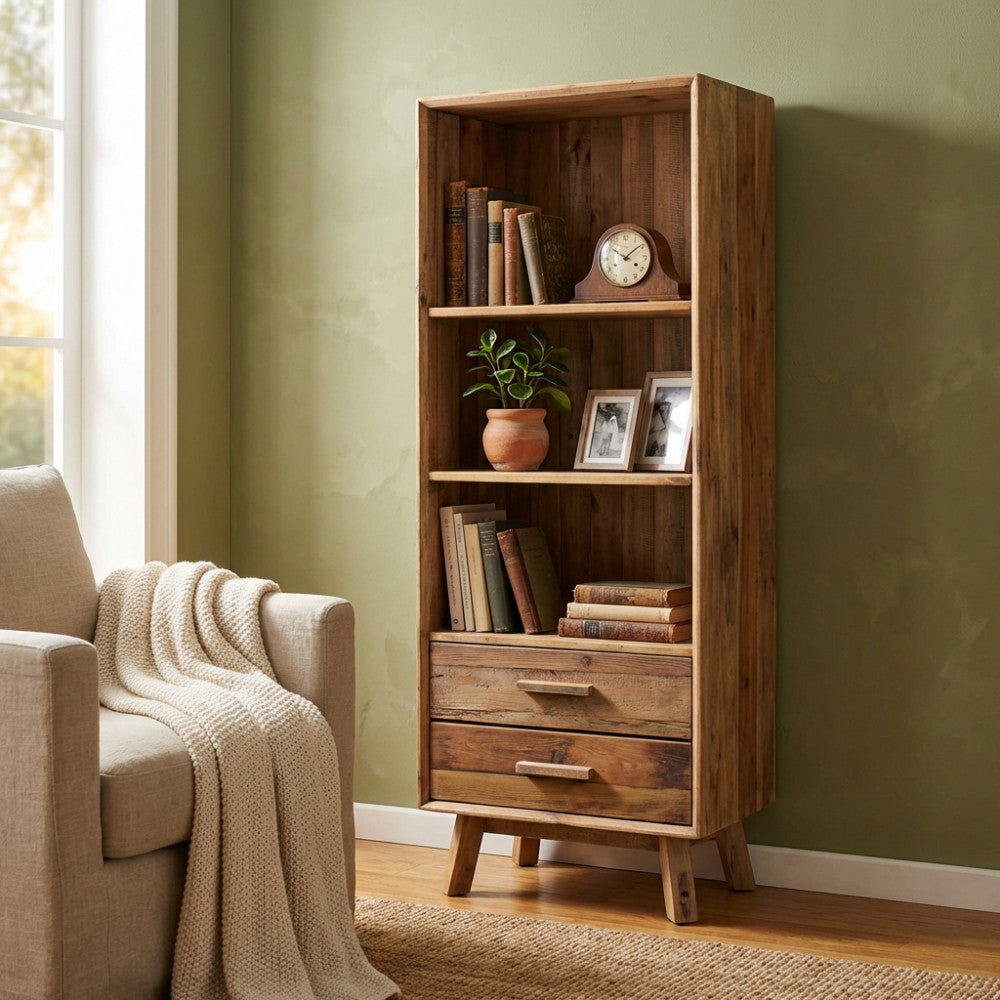 LIBRERIA JUSTIN. Libreria con 2 cassetti e 3 ripiani in legno di pino riciclato Dimensioni: cm 60 x 40 x 160 h.