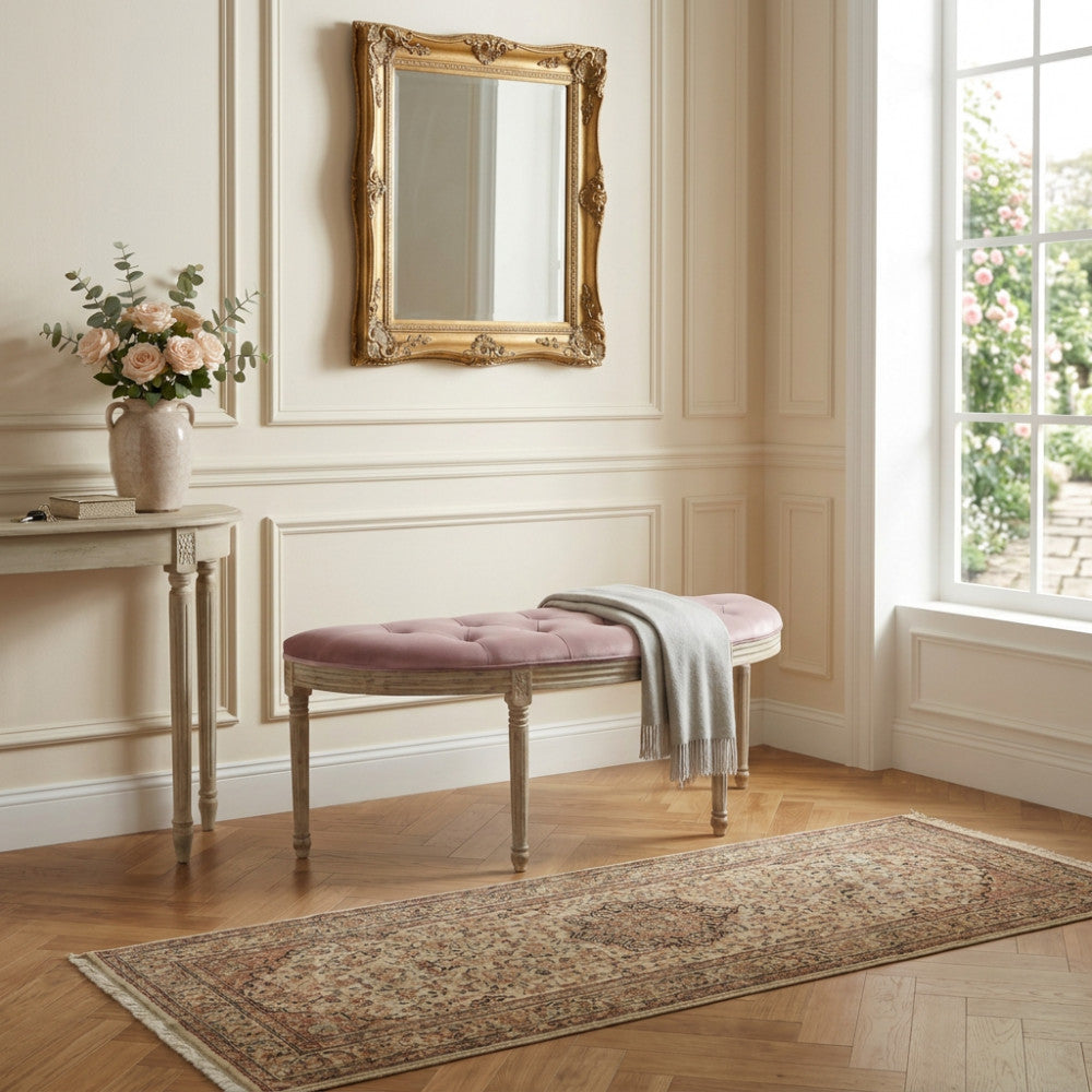 PANCA MARGI IN VELLUTO ROSA. Dimensioni: cm 125 x 45 x 48 h.