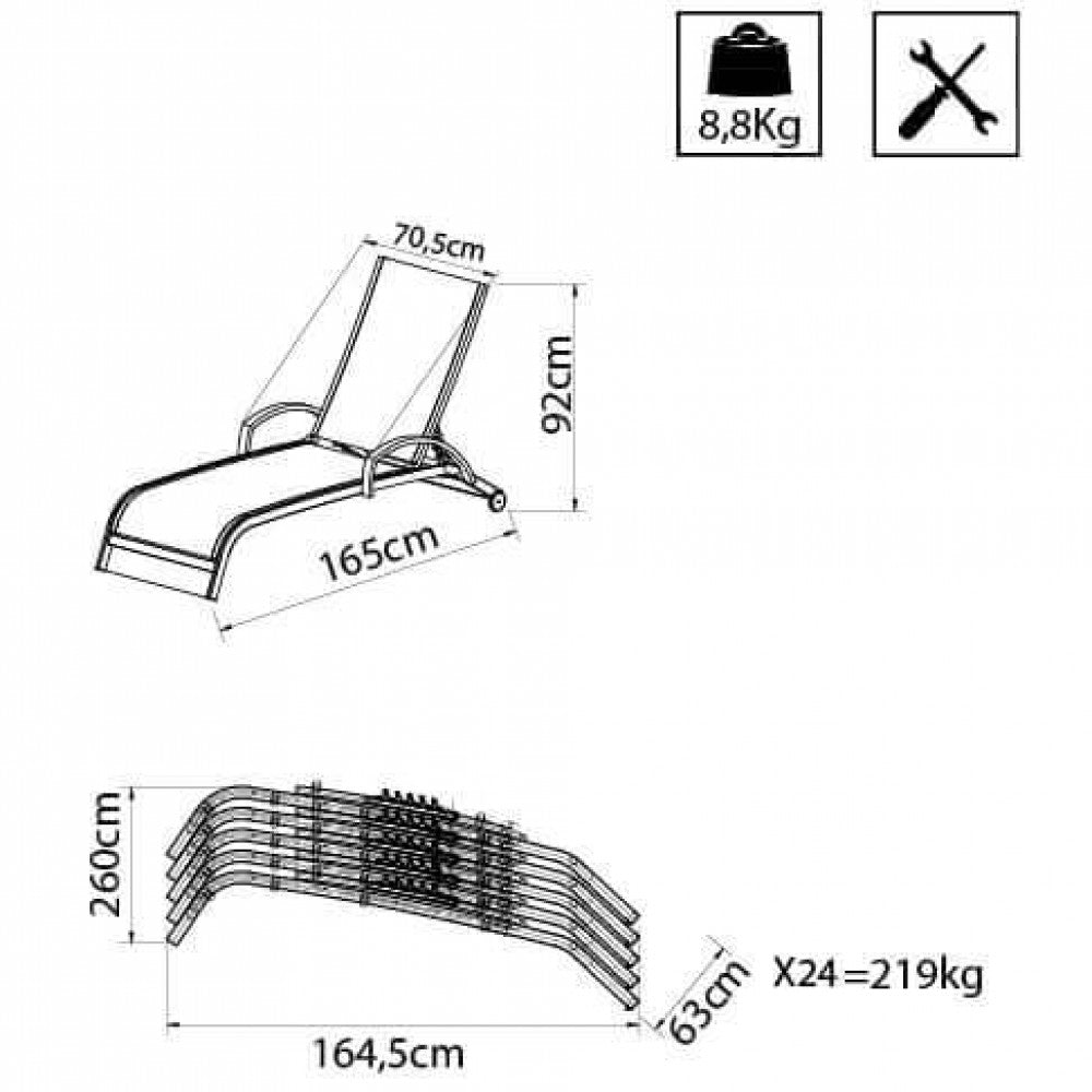 MALAGA STACKABLE LOUNGER. Frame in painted aluminum (WHITE, TAUPE, or ANTHRACITE). Padded ECRU textilene with armrests. Dimensions: 196.5 x 71 x 92.5 cm. Garden Furniture.