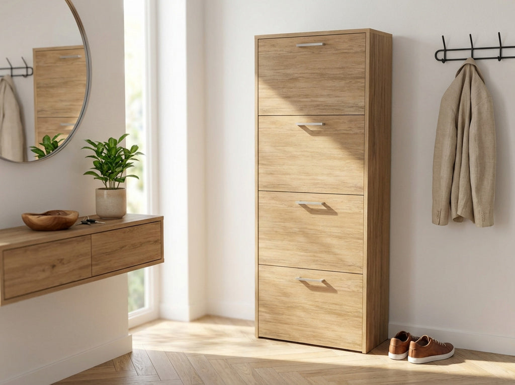 MOLLY SHOE RACK WITH 4 FLAP DOORS IN LIGHT PINE. Shoe rack in LIGHT PINE wood, 16 mm thick. Dimensions: 59 x 25 x 140 cm.