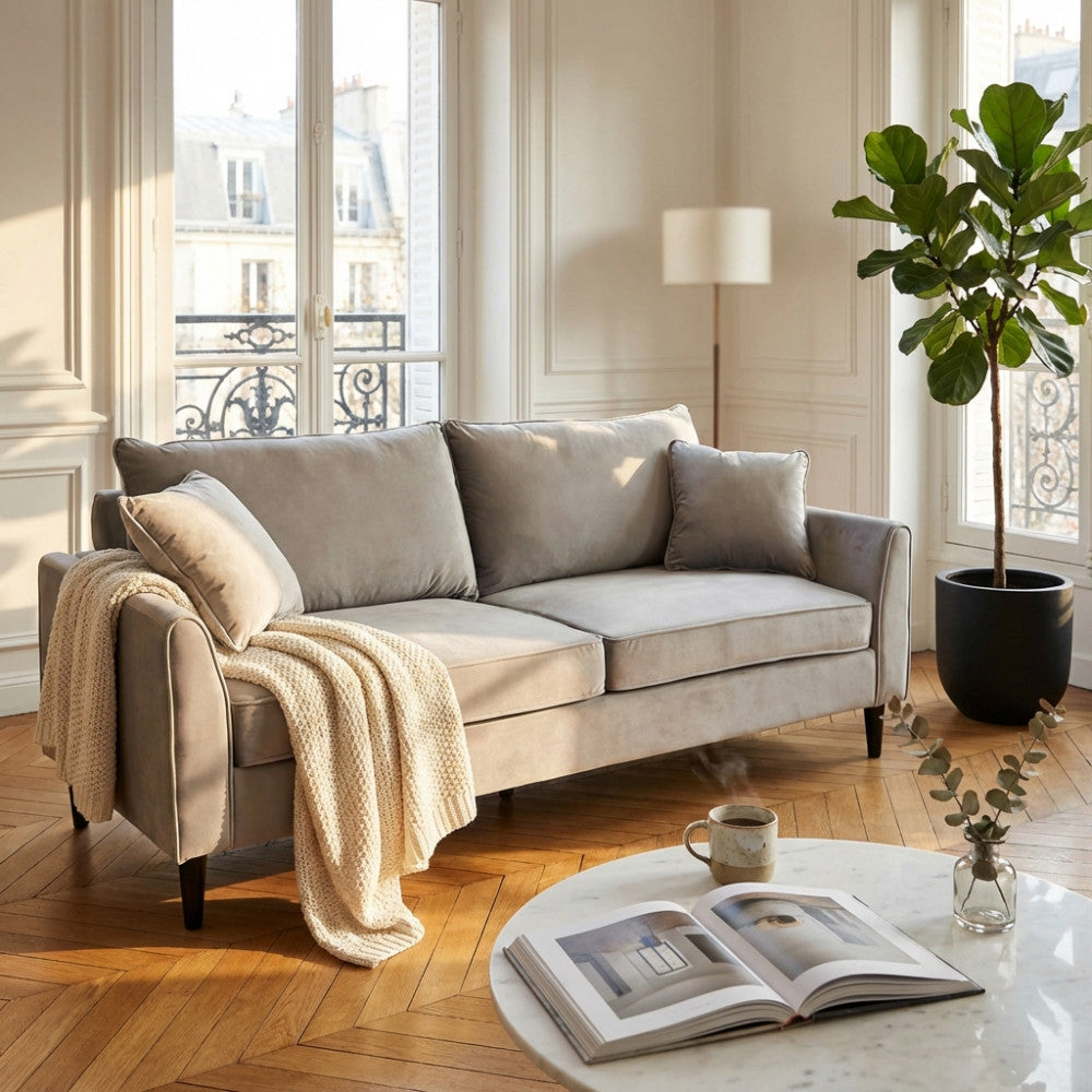 CHANDLER 3-SEAT SOFA. Sofa in TAUPE, BORDEAUX, GREY or BLUE velvet. Dimensions: 196 x 81 x 89 h cm.