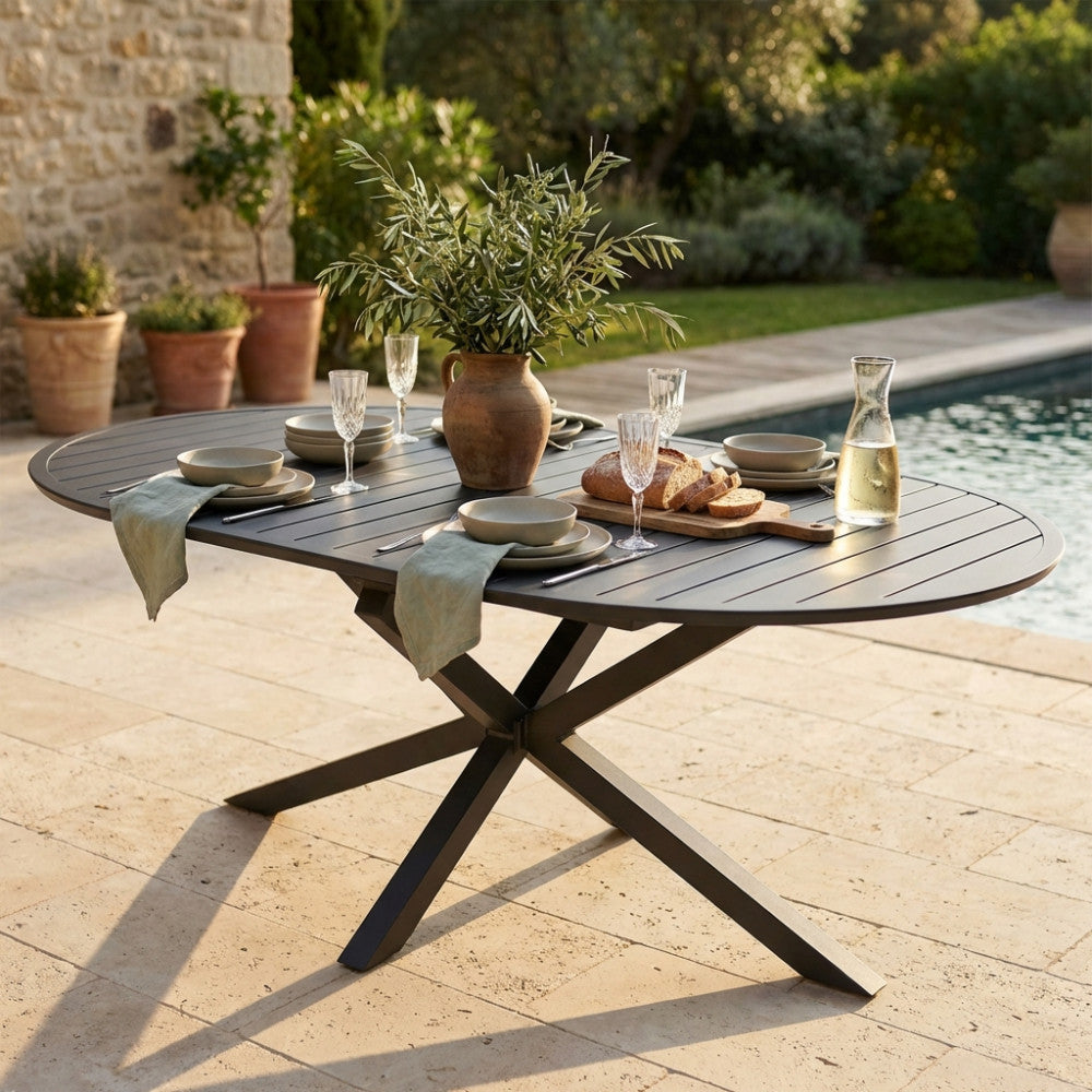 EXTENDABLE CAMELOT ROUND TABLE 150/200 X 150. Structure in WHITE or ANTHRACITE painted aluminum. Dimensions: cm ò 150/204 x 150 x 75 h. Garden Furniture