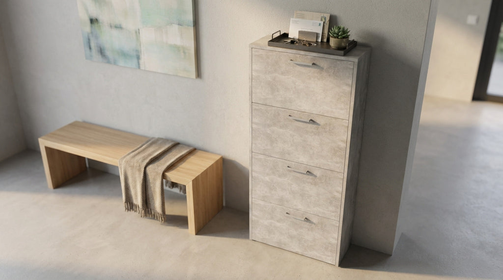 MOLLY SHOE RACK WITH 4 FLAP-DOORS, GREY CONCRETE EFFECT. 16 mm thick GREY CONCRETE EFFECT wooden shoe rack. Dimensions: 59 x 25 x 140 cm h.