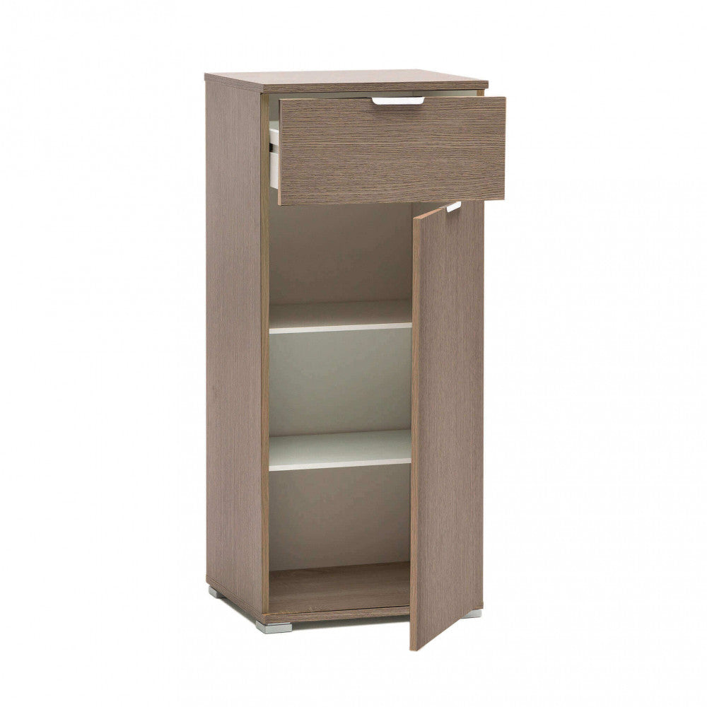 MOBILETTO BAKU CON 1 ANTA E 1 CASSETTO ROVERE GRIGIO. Dimensioni: cm 45 x 38 x 103 h.