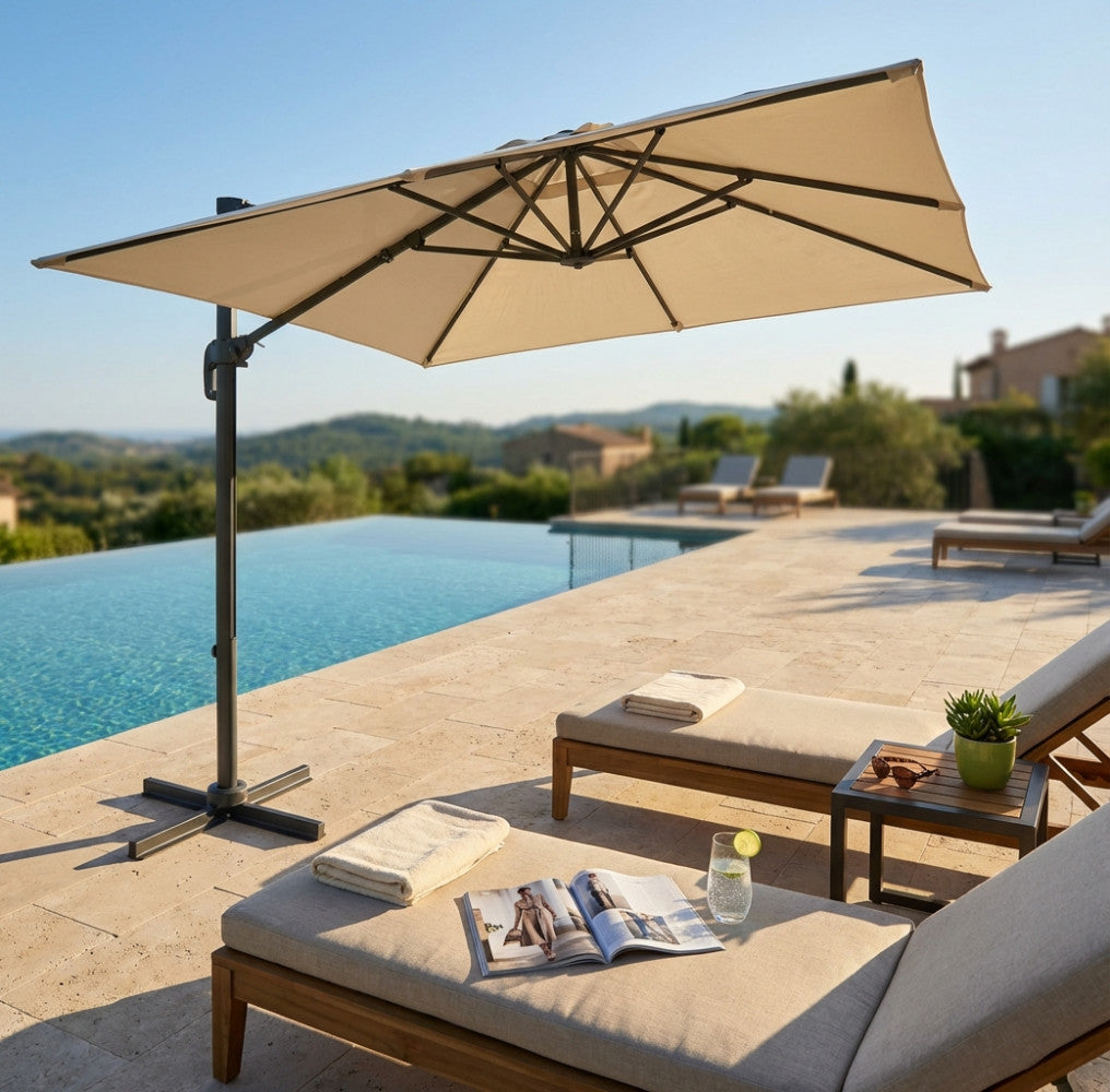 OMBRELLONE NEWTON NERO P/L 2 X 3 TELO ECRU. Telo in poliestere ECRU 180 gr con antivento palo girevole in alluminio 45x64 e in metallo 20x40 mm 8 stecche metallo 13 x 22 mm, base a crociera Dimensioni: m 2 x 3. Arredo Giardino