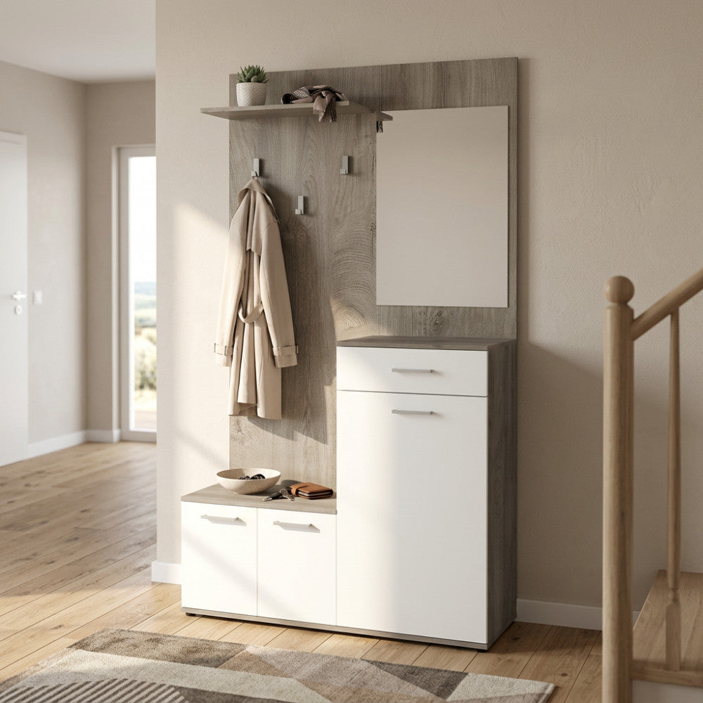 MOBILE PER ENTRATA SMERALDO ROVERE CHIARO E BIANCO. Dimensioni: cm 115 x 35 x 197 h.